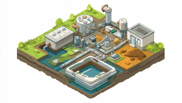isometric factory layout with water treatment plants and pipelines for industrial infrastructure