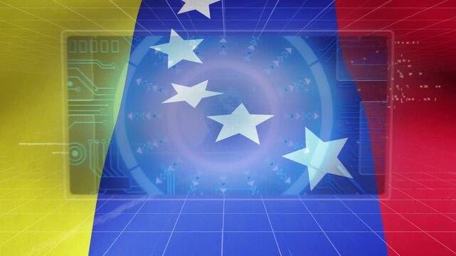 Dim blue glow lighting HUD, tricolor ribbon stars pulsing, globe appearing, forming broadcast intro