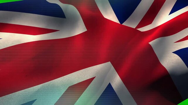 UK flag rippling and folding from camera pan, showing woven texture, chroma corners and scanline