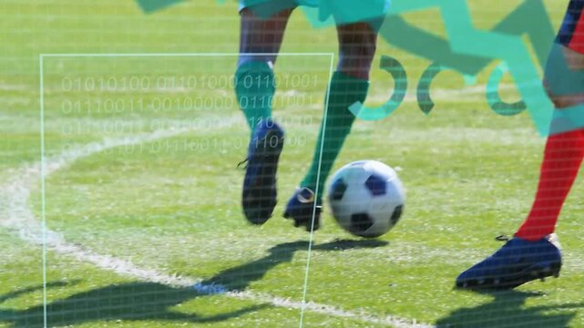 Green player shielding ball to keep ball while rival sliding in, sports data overlay covering legs