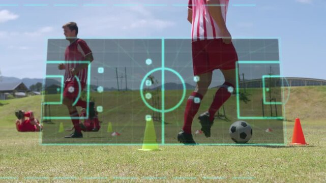 Soccer player practicing dribbling around cone after teammate jogging in, overlay showing routes