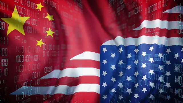 Binary overlay appearing, composite China US flag folding and scrolling representing digital links