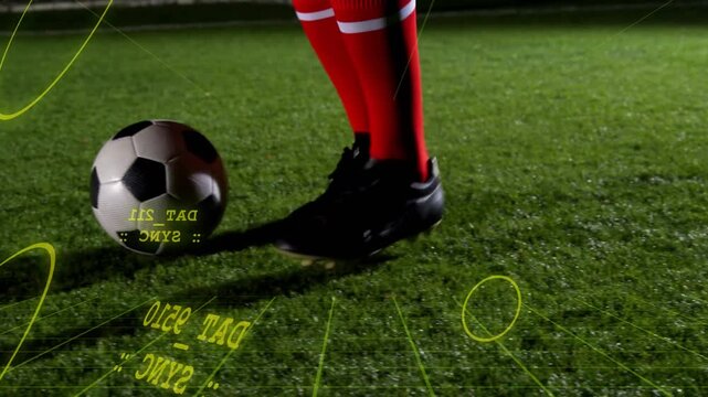 Soccer player shifting right foot, tapping, rolling ball away in drills as neon HUD tracking motion