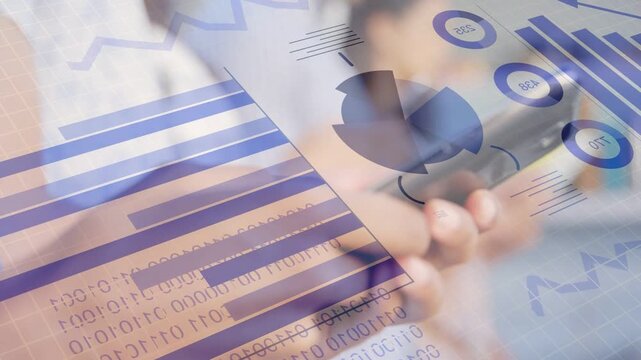 Hands holding phone and fingers tapping, causing business charts, binary rows filling for analysis