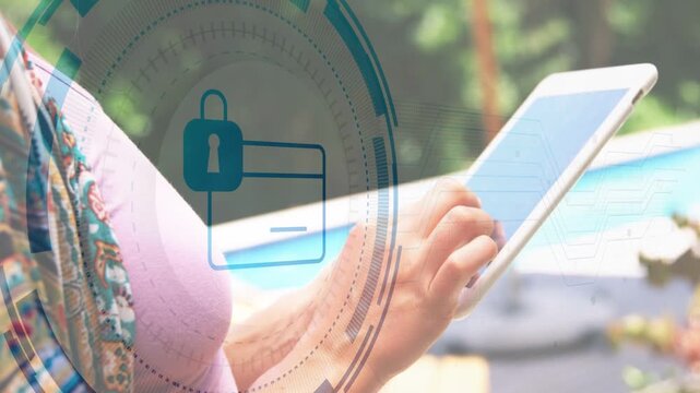 Woman tapping or swiping tablet by pool invoking HUD lock or folder aligning pulling back security