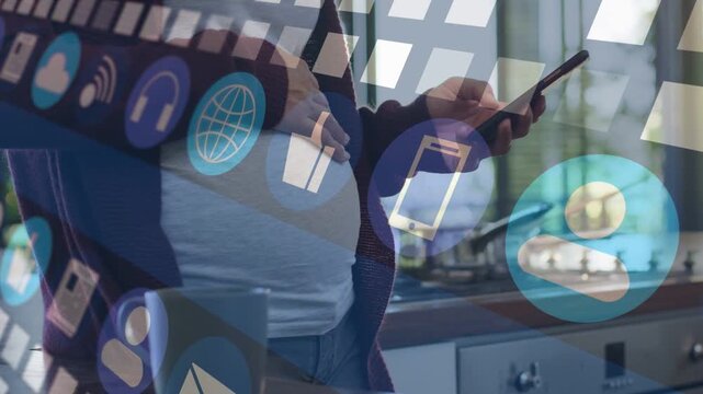 Pregnant woman checking smartphone at counter, tapping to view health alerts with overlapping icons