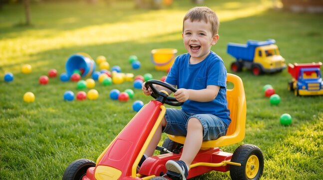 Happy boy laughing while driving a pedal car on a green lawn. Child playing with toys in a sunny backyard. Active outdoor play and childhood joy