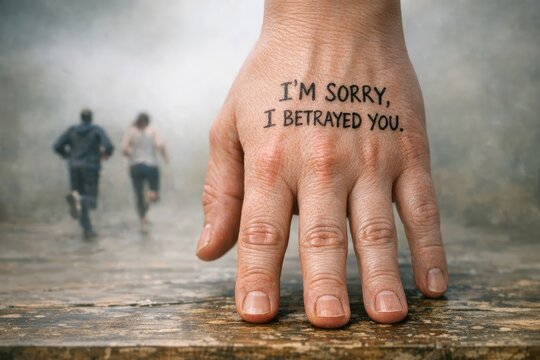 A hand with a tattoo expressing regret and apology, with the words 'I'm sorry, I betrayed you'