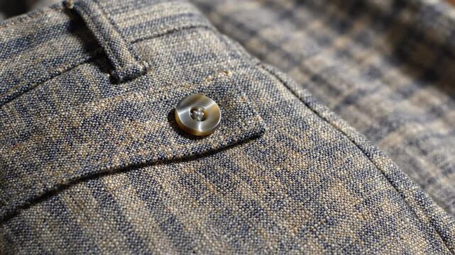 Close up shot of a button on a gray and blue plaid cloth texture fabric revealing details of the woven pattern