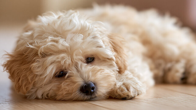 フローリングに寝そべるクリーム色のふわふわな子犬 ｜ やわらかな光