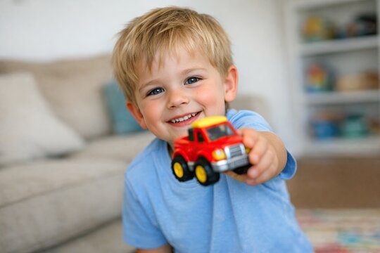 A young child holds onto his favorite toy truck, a symbol of childhood innocence and playfulness