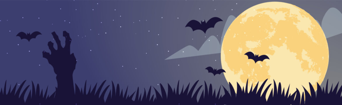 Spooky Halloween Landscape Banner with Zombie Hand, Full Moon, and Bats