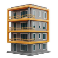 Fototapeta premium Modern three story apartment building icon with yellow balcony frames isolated on transparent background
