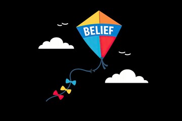 Naklejka premium A colorful kite soaring in the sky with the word 'belief' written on it