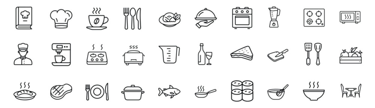 Cooking kitchen restaurant web line icons set recipe book chef hat coffee espresso machine plate cover serving food & more vector illustration with editable stroke