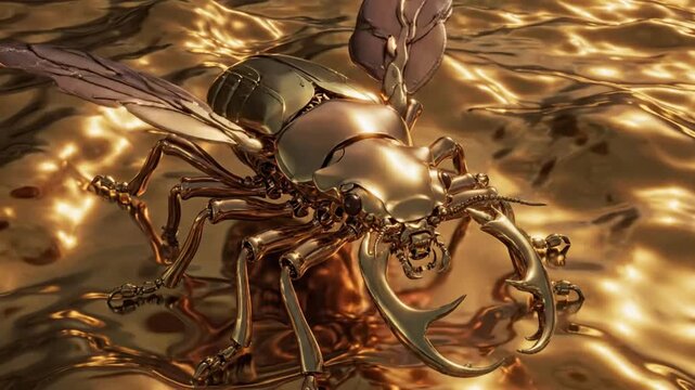 Luxurious 3D Rendering of a Mechanical Golden Stag Beetle Resting on Flowing Liquid Gold Surface