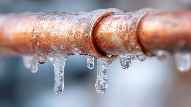 Close-up of copper pipe section with frozen water and icicles dripping from the surface