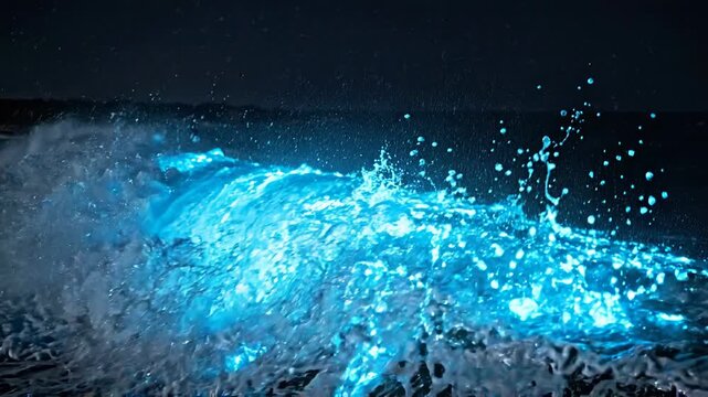 Bioluminescent Ocean Wave: Neon Blue Dinoflagellate Plankton Lighting Up Breaking Wave at Night, Marine Bioluminescence Natural Phenomenon Ocean Science