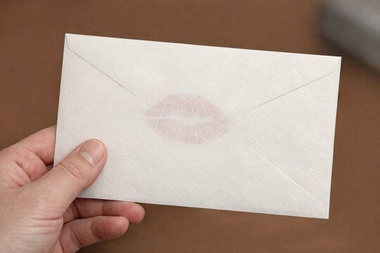 A woman holds an envelope with a lipstick mark, possibly indicating a secret message or surprise