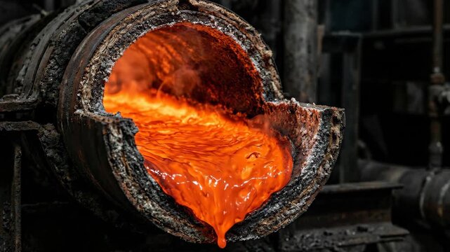 Molten Salt Thermal Energy Storage: Glowing Orange-Red Molten Salt Flowing Through Dark Industrial Pipe Cross-Section, Concentrated Solar Power CSP Nuclear Energy Storage Technology