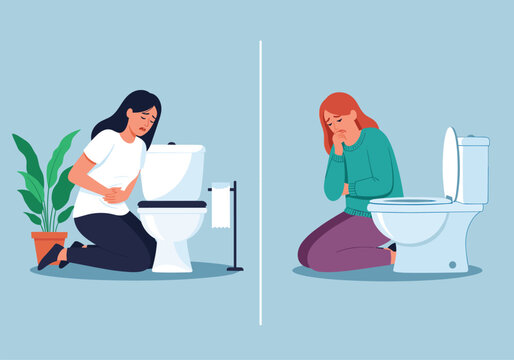 Woman Feeling Nauseous and Sick Near Toilet Collection for Healthcare, Digestive Problem, Pregnancy, and Medical Illustration Designs