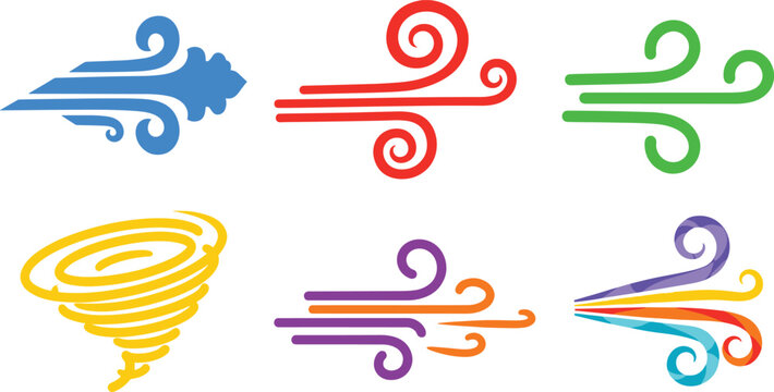 Colorful Wind and Breeze Icon Set with Swirl, Gust, Tornado, and Air Flow Symbols for Weather, Nature, and Meteorology Graphic Design Templates