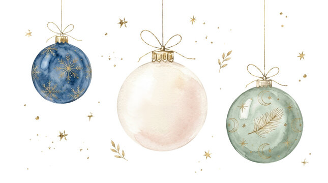 Hand-Painted Holiday Illustration Showcasing Refined Decorative Baubles Surrounded by Soft Gold Stars and Leaves in a Gentle Seasonal Style