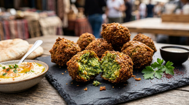 Delicious golden-brown falafel balls, showcasing a crispy exterior and vibrant green interior, served with hummus and pita.