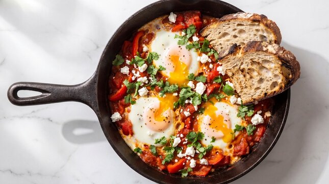 A cast iron skillet filled with shakshuka, poached eggs, tomato sauce, feta and crusty bread slices.