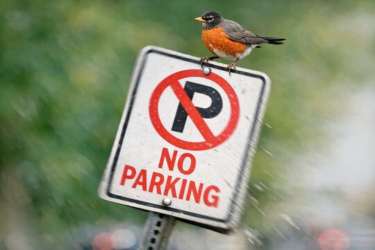 A bird is seen sitting on top of a no parking sign, adding a touch of nature to an urban setting
