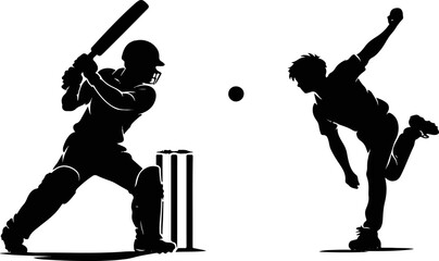 cricket match player silhouette vector set with batsman hitting ball and bowler action © Srabon