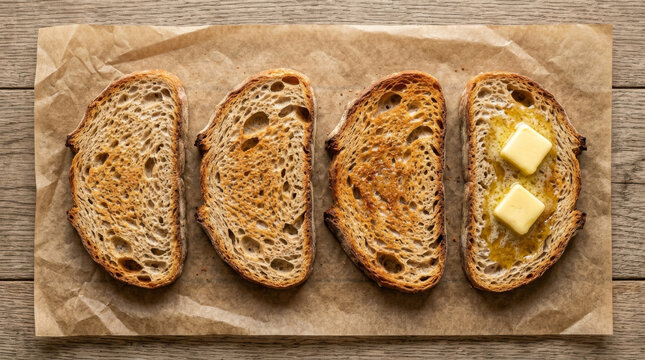 Four slices of toasted bread lined on brown parchment, with a hint of melted butter and honey on one slice.
