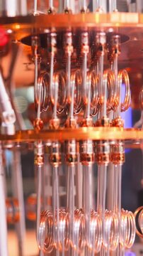 Futuristic quantum PC computer close up, concept qubits and quantum circuits. Powerful supercomputing technology data processing, innovation, deep tech and the future of supercomputer, close up of pc.