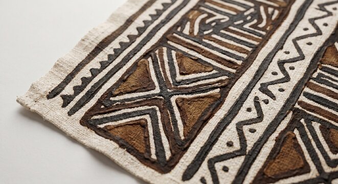 A close up view of authentic African bogolan mud cloth featuring intricate tribal geometric.