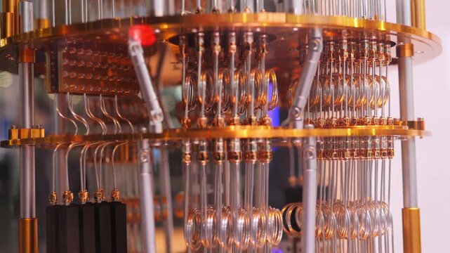 Futuristic quantum PC computer close up, concept qubits and quantum circuits. Powerful supercomputing technology data processing, innovation, deep tech and the future of supercomputer, close up of pc.