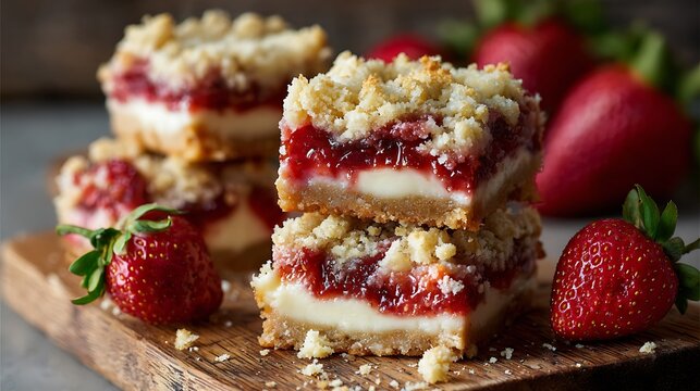 Close-up of stacked strawberry crumble bars with fresh strawberries on a wooden board