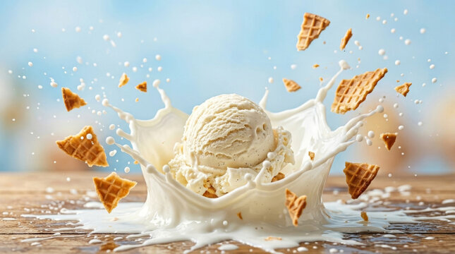 A delicious scoop of vanilla ice cream splashes into creamy milk with waffle cone pieces exploding around it, creating a refreshing summer mood.