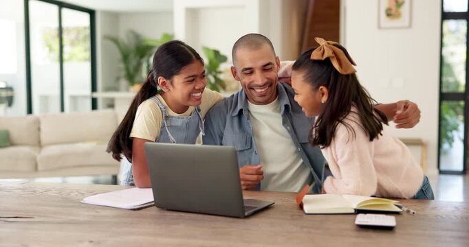 Girl, children and surprise with dad for remote work from home, hug and excited with laptop in lounge. Father, kids and connection with embrace, care and love with freelance career in family house
