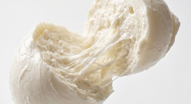 A close-up view of fresh white mozzarella cheese being pulled apart to reveal a soft stringy.