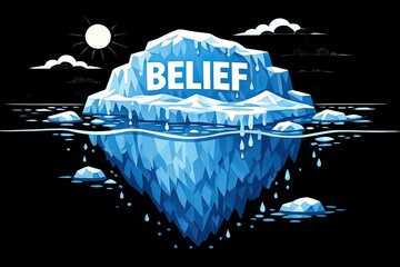 Naklejka premium A massive iceberg with a clear message 'Belief' inscribed on its surface