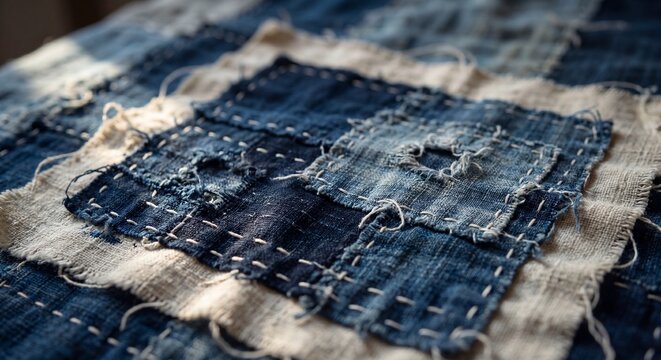 A detailed close up of authentic Japanese indigo boro fabric featuring intricate hand stitched.