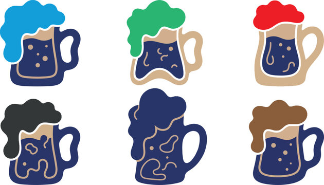 Set of colorful beer mug icons with creative foam vector illustration