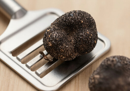 Steel mandoline blade slicing through textured black winter truffle
