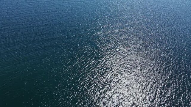 Water stretches for miles with small waves and a shine reflecting sunlight. The scene captures a clear view of the ocean on a bright afternoon.