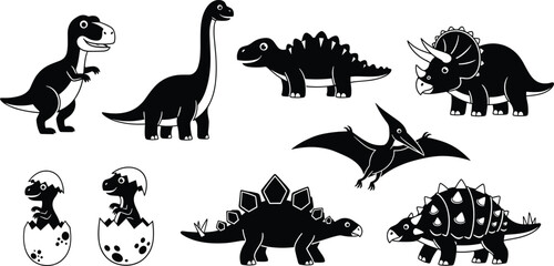 Dinosaurs Icon Set Featuring T-Rex, Brachiosaurus, Stegosaurus, Triceratops, Pterodactyl, and Ankylosaurus for Apps, Websites, and Digital Designs © MdMojnu