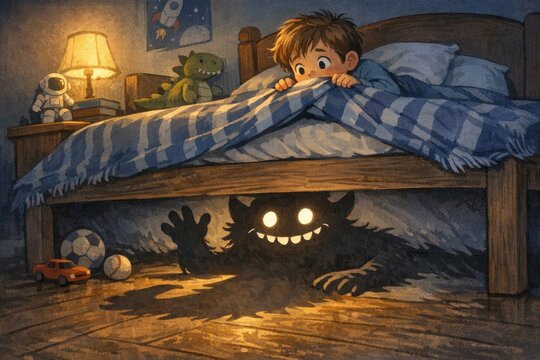 A young boy seeking refuge under a bed