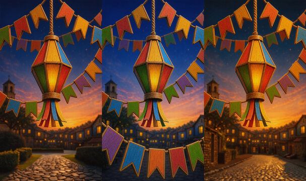 Cen&aacute;rios de festa junina, arrai&aacute; de s&atilde;o jo&atilde;o ao anoitecer, entardecer com diferentes cores, linda paisagem com bal&atilde;o e bandeirinhas