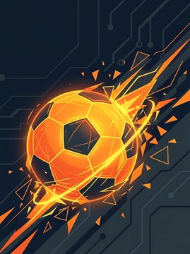 Football world cup poster banner dynamic glowing orange soccer ball with fiery trails and geometric shards on a dark circuit background