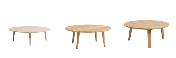 Set of Three Modern Round Wooden Coffee Tables Isolated on White Background, Scandinavian Minimalist Living Room Furniture PNG, Light Oak Wood Table Design Element, Contemporary Interior Decor Assets  © Juumagiti