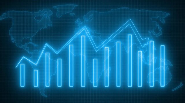 Rising Business Bar Graph with Neon Glow, Global Financial Trends Visualization